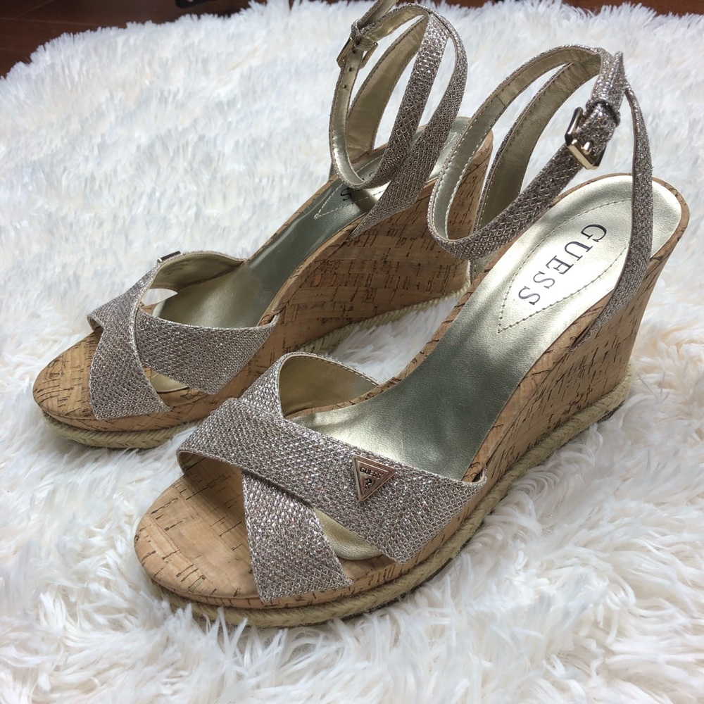 Guess silver metallic cork wedges